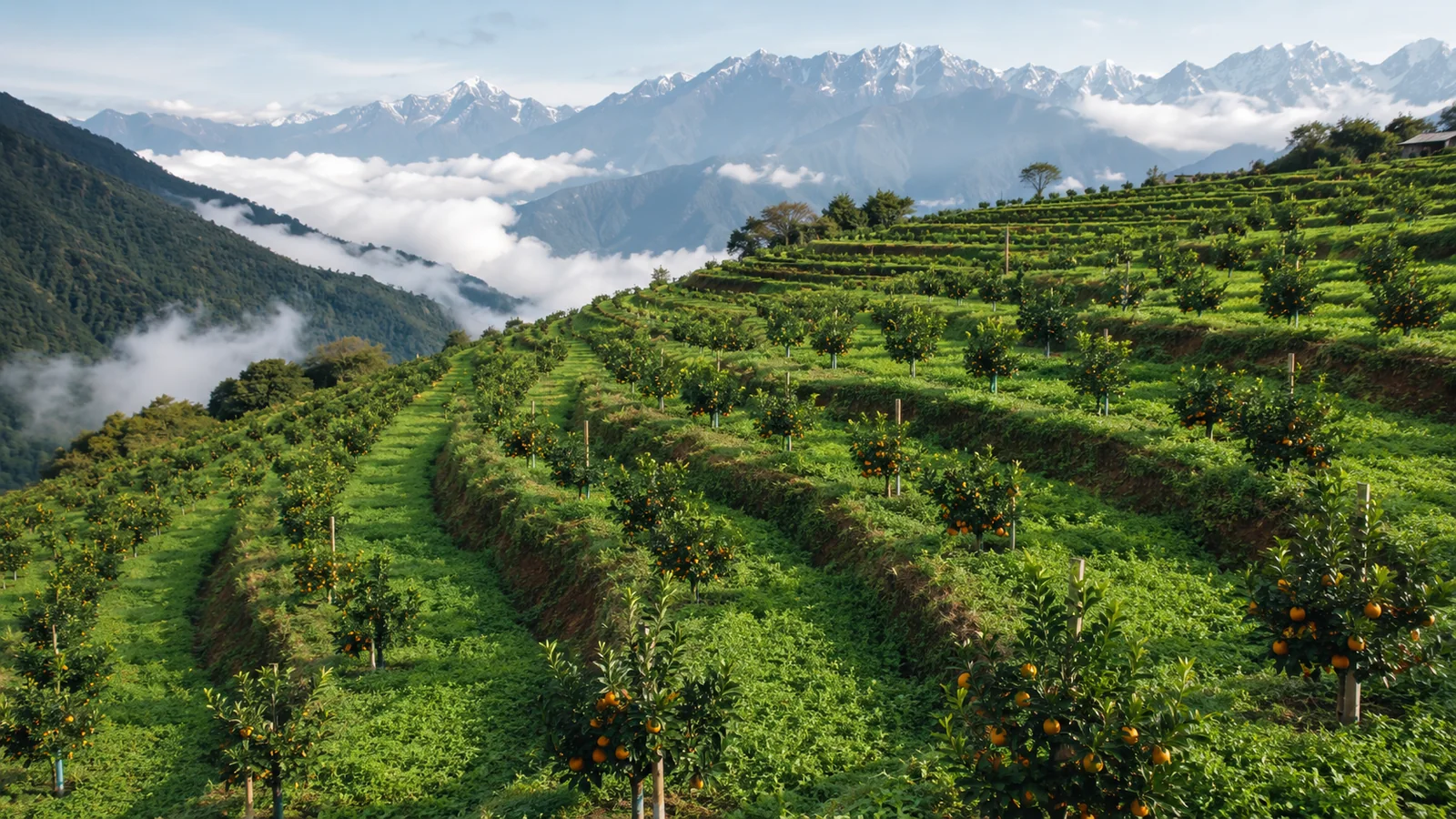 Terraced citrus orchards in the eastern Himalayan foothills of Bhutan.