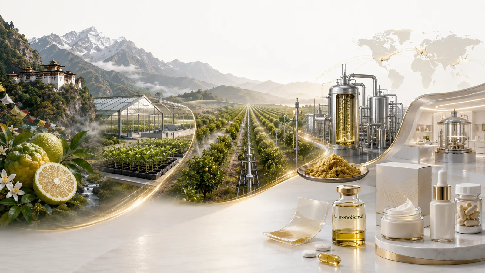 The ChronoSense pathway from rare citrus and cultivation through processing to finished formats.